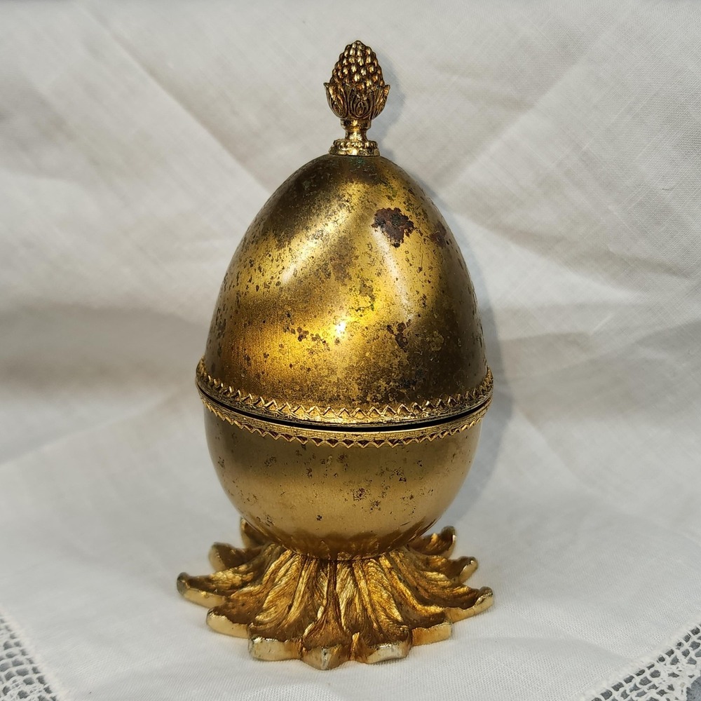 Vintage Evans Gold Tone Egg Perfume Holder Case w/ 2 Glass Bottles Vanity Set